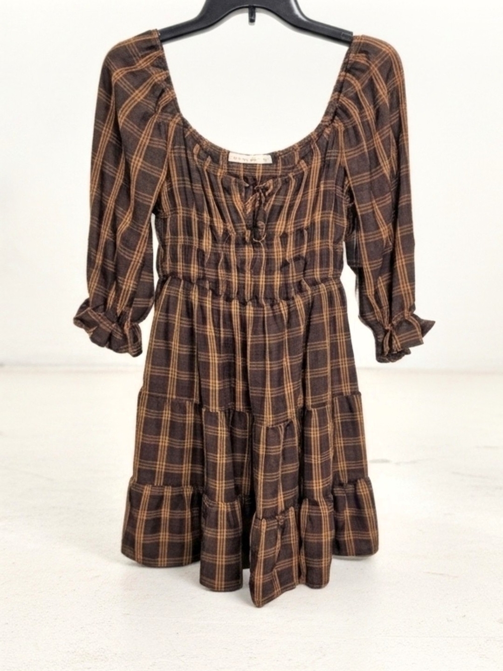 NWT Liberty Love Brown & Black Plaid Smocked Tiered Mini Dress 3/4 Sleeve - M